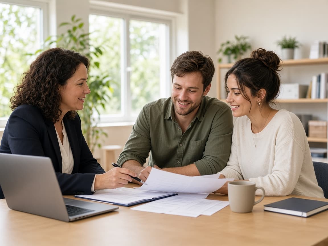 An accountant going through paperwork with a couple at a table