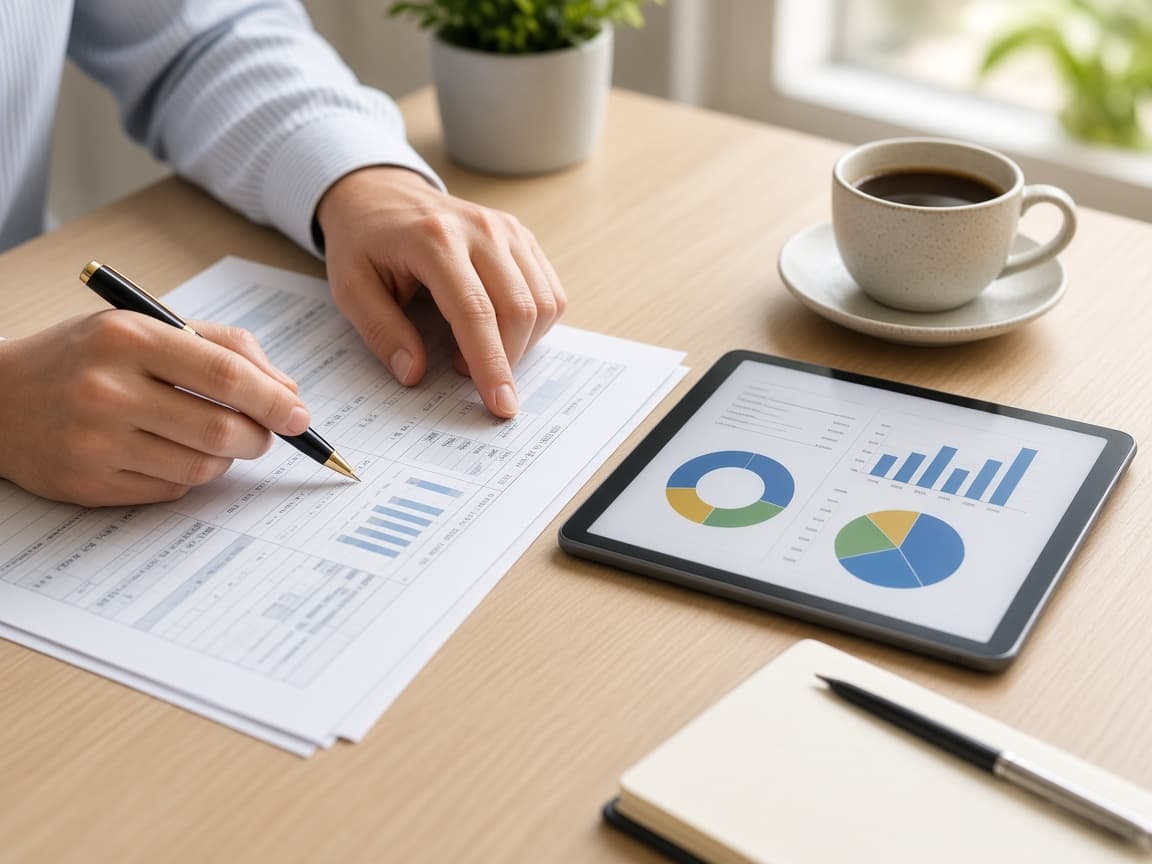 Hands marking up a financial report next to a tablet showing charts
