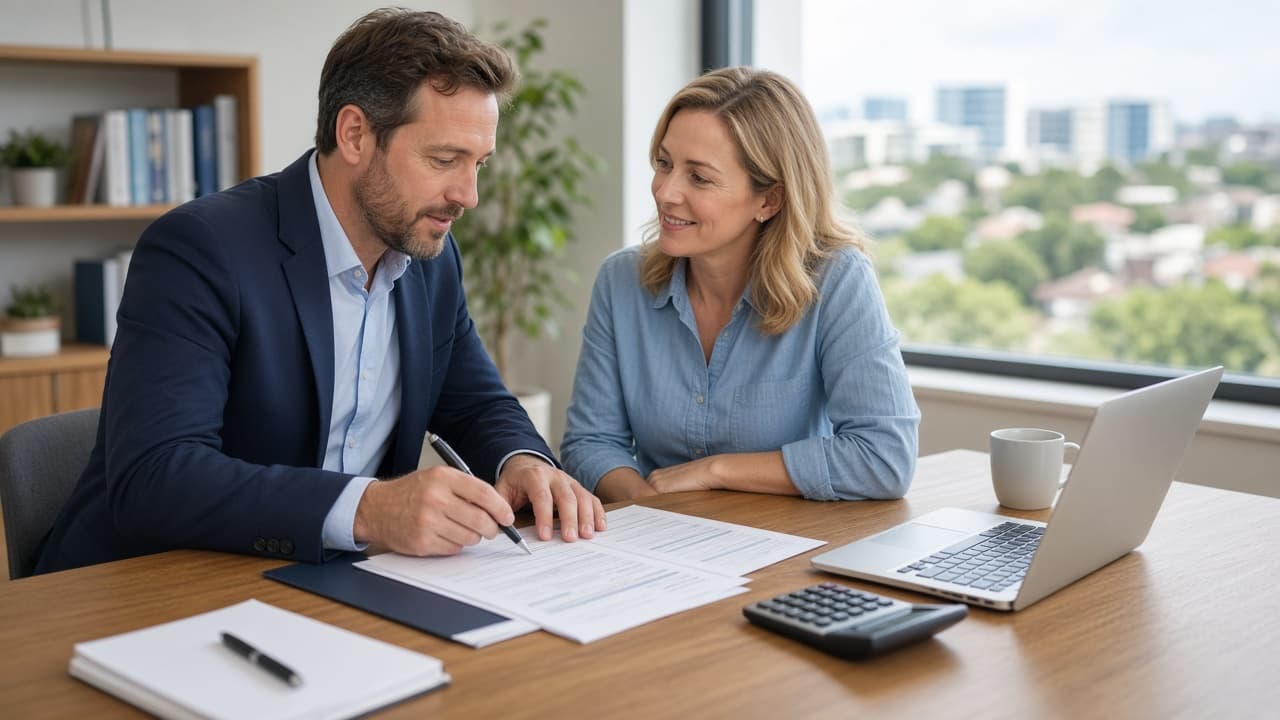 An accountant and a client going through a document at a desk