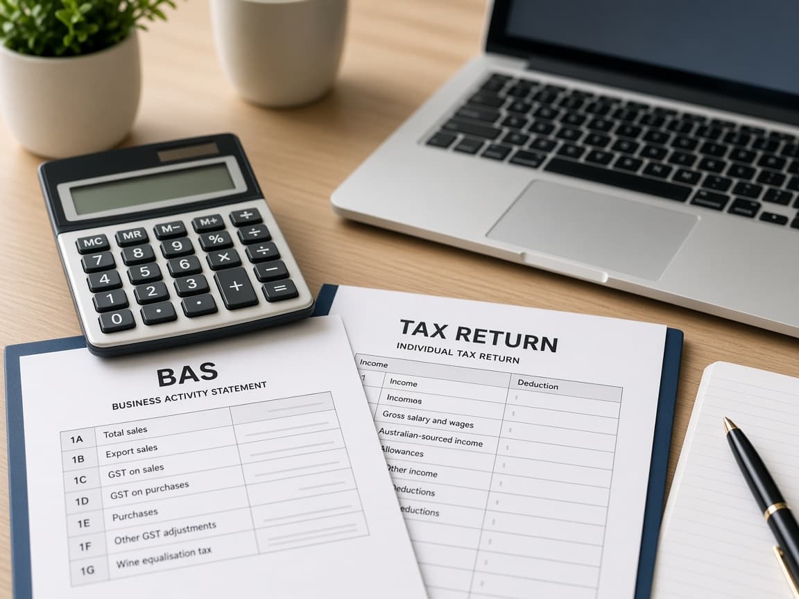 A BAS form and a tax return on a desk beside a calculator and laptop