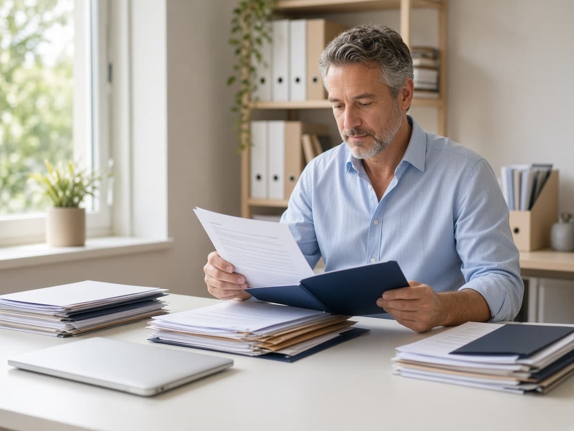A man reading through a folder of letters and documents at a desk