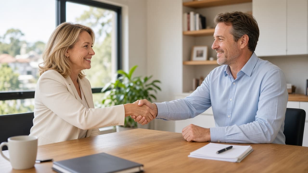 Two people shaking hands across a table after agreeing a plan